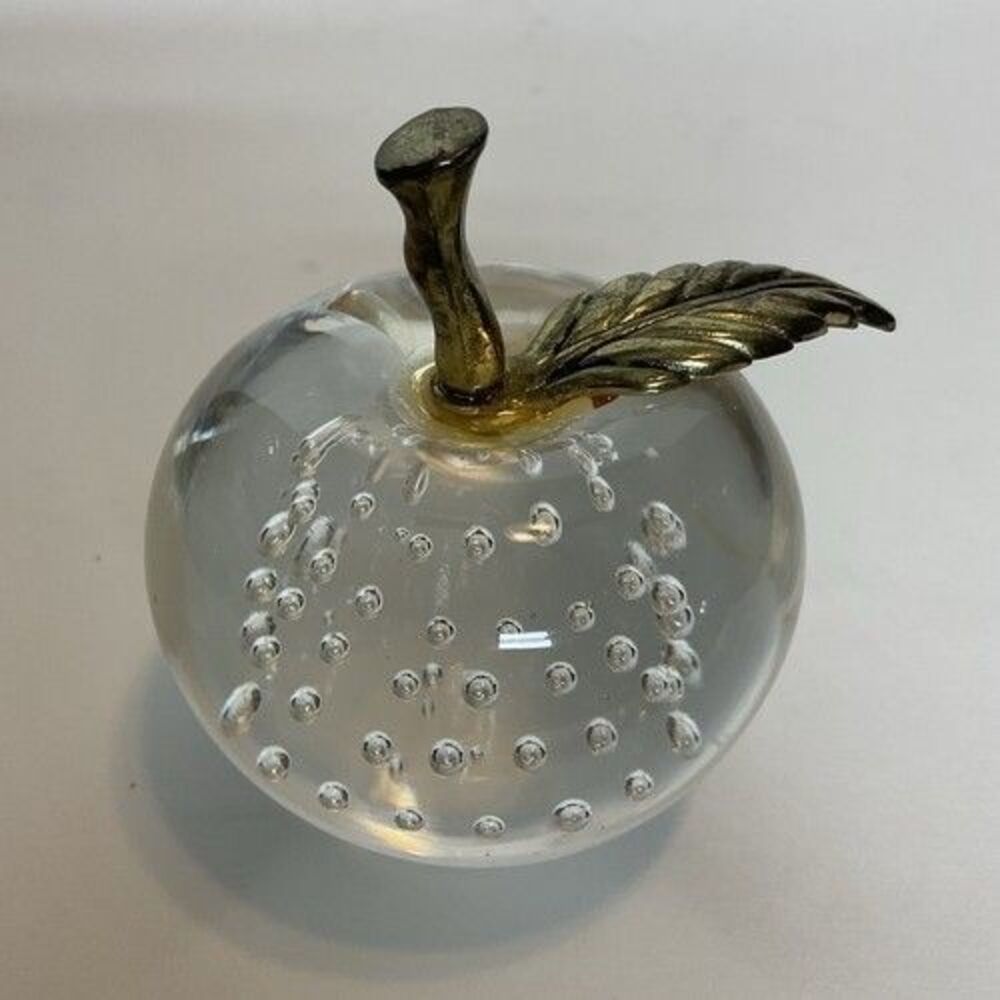 VTG New York Controlled Bubble Glass Apple Paperweight with Brass Stem & Leaf 3"